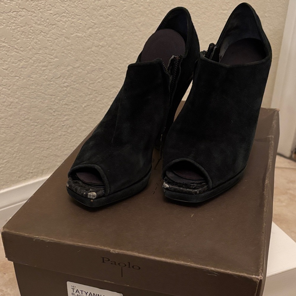Paolo Black Suede Peep-Toe Heeled Boots